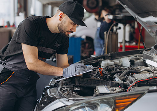 Technician running computer engine diagnostics on a car at Chapa Auto Craft in Kyle, TX